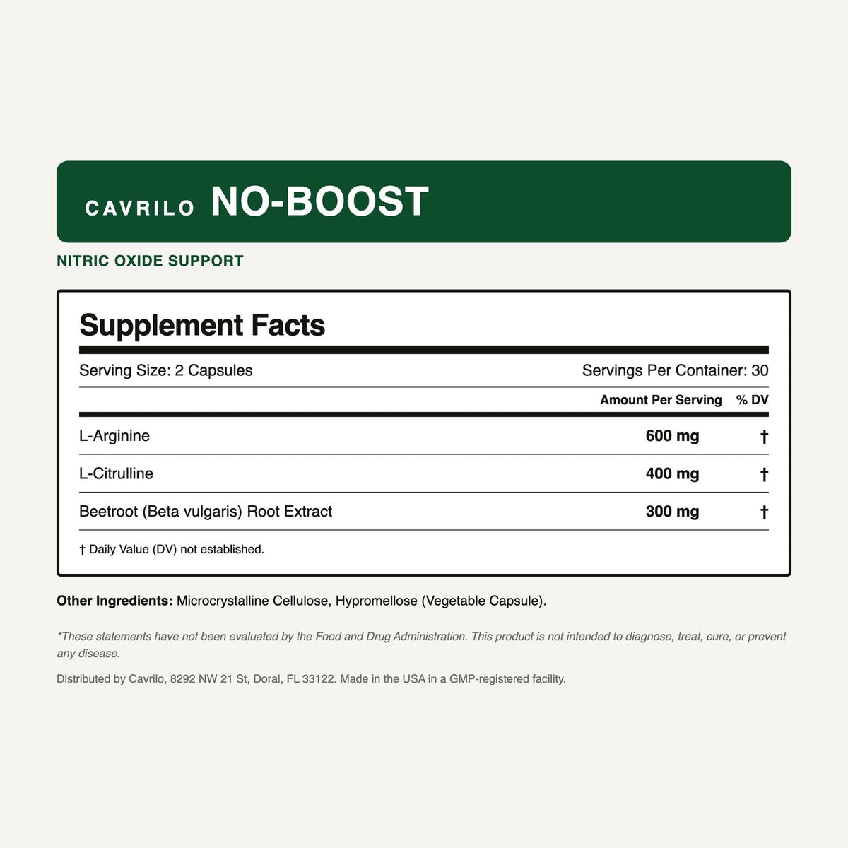 Cavrilo NO-BOOST Supplement Facts