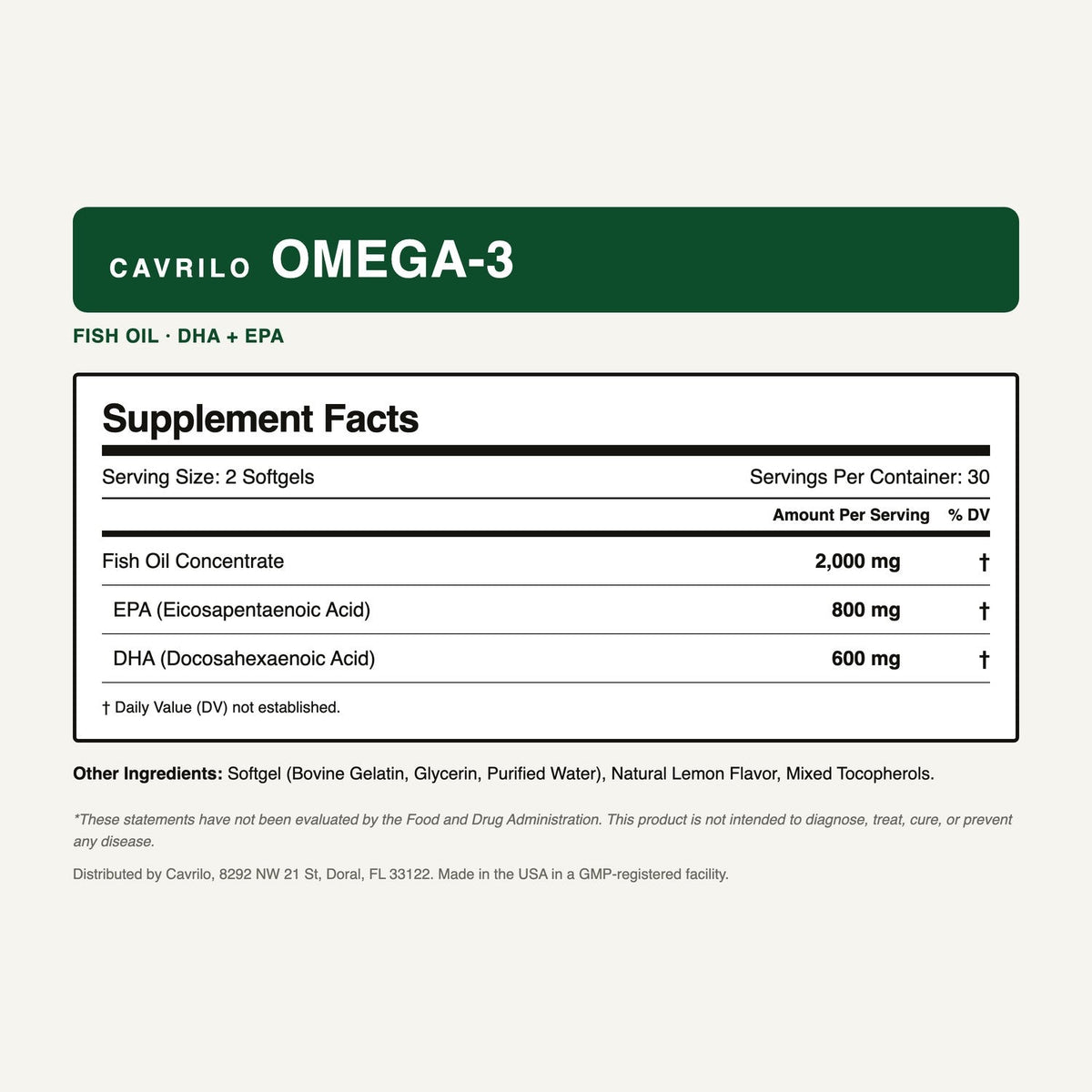 Cavrilo OMEGA-3 Supplement Facts