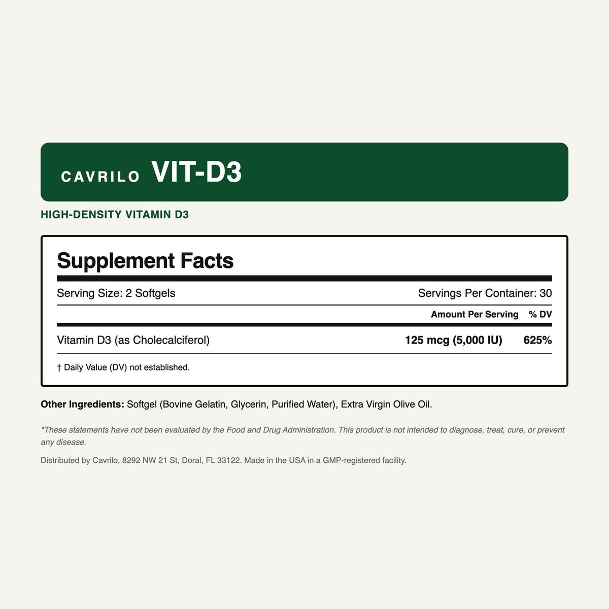 Cavrilo VIT-D3 Supplement Facts